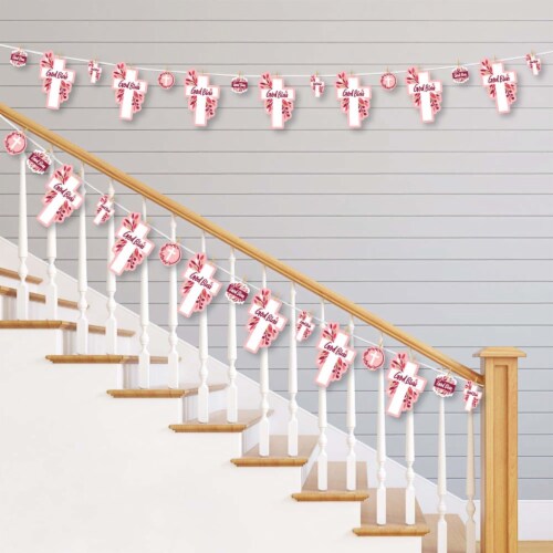 Big Dot of Happiness Pink Elegant Cross Girl Religious Decor Clothespin Garland Banner 44 Pc Perspective: back