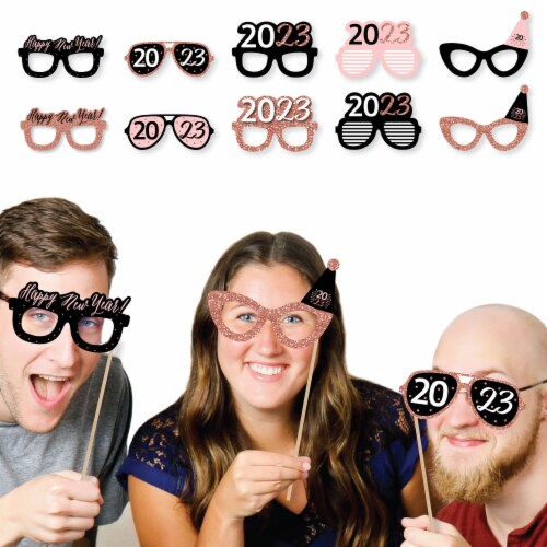 Big Dot of Happiness Rose Gold Happy New Year Glasses Paper 2023 Photo Booth Props Kit 10 Ct Perspective: back