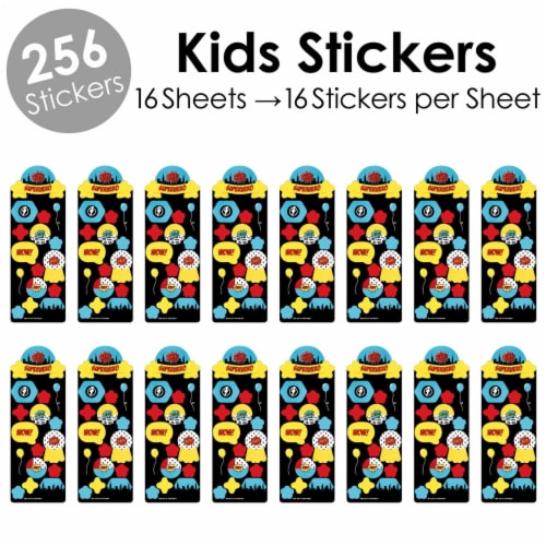 Big Dot of Happiness Bam Superhero Birthday Party Favor Kids Stickers 16 Sheets 256 Stickers Perspective: back