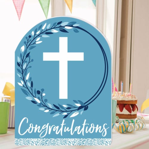 Big Dot of Happiness Blue Elegant Cross Congratulations Greeting Card Shaped Jumborific Card Perspective: back