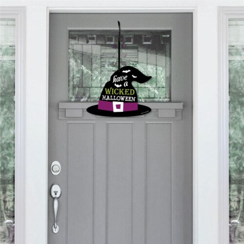 Big Dot of Happiness Happy Halloween - Hanging Witch Party Outdoor Front Door Decor 1 Pc Sign Perspective: back