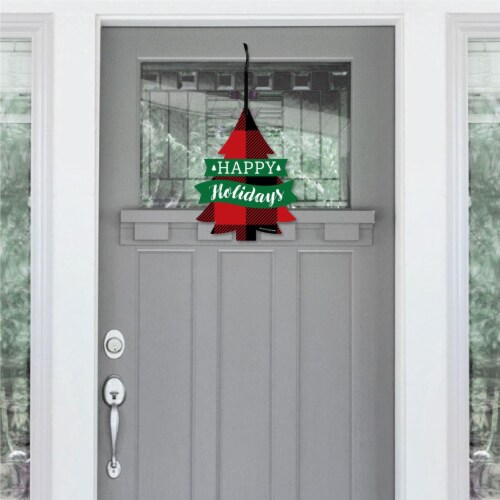 Big Dot of Happiness Holiday Plaid Trees Hanging Christmas Outdoor Front Door Decor 1 Pc Sign Perspective: back