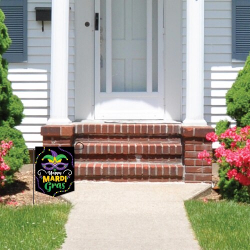 Big Dot of Happiness Colorful Mardi Gras Mask - Masquerade Party Garden Flag - 12 x 15.25 in Perspective: back
