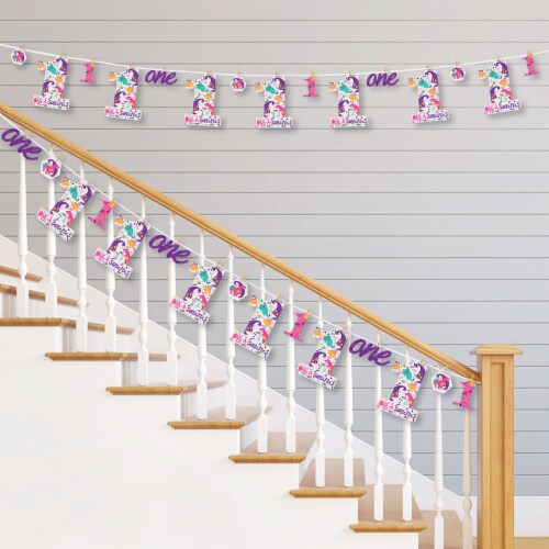 Big Dot of Happiness 1st Birthday Roar Dinosaur Girl Decor Clothespin Garland Banner 44 Pc Perspective: back