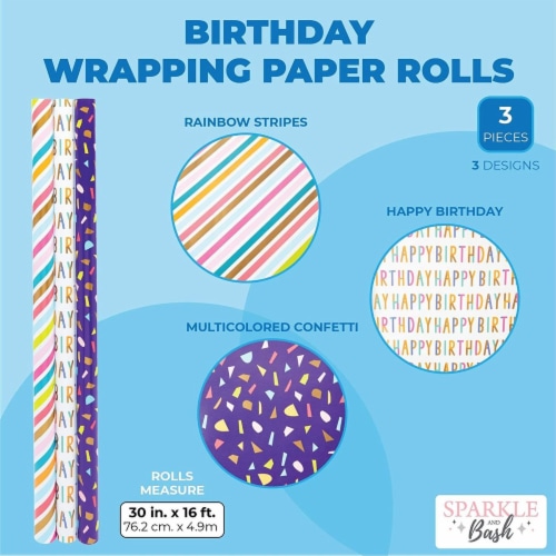 Birthday Wrapping Paper Rolls, Double Sided, 30 Inches x 16 Feet (3
