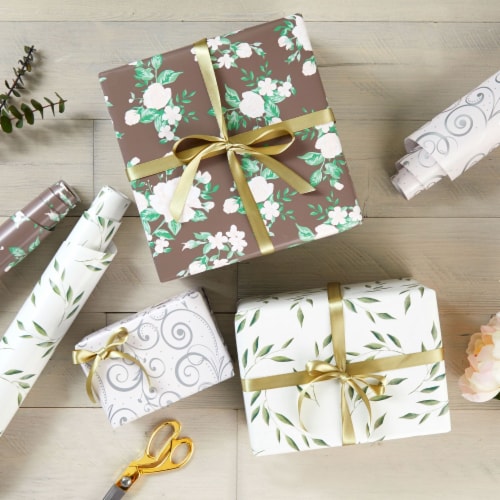 Gift Wrapping Paper for Wedding Floral and Silver Foil 30 In x