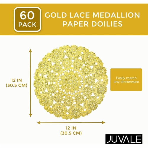 Gold Round Medallion Paper Lace Doilies (12 in, 60 Pack) Perspective: back