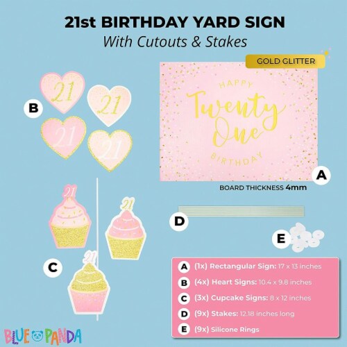Happy 21st Birthday Yard Signs, Lawn Decorations in 3 Pink Designs (26 Pieces) Perspective: back