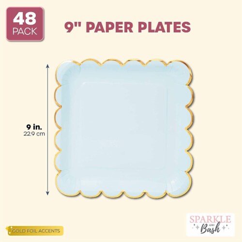 Pastel Blue Square Paper Plates Gold Foil Scalloped Edge 9 In 48 Pack PACK QFC