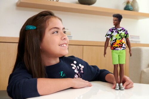 Barbie Ken Fashionistas Doll, Broad, Black Curly Hair, Multi-Colored Camo Print Shirt Perspective: back