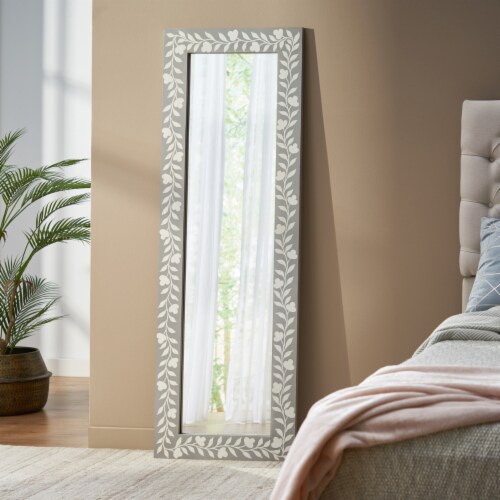 Woodworth Boho Handcrafted Painted Full Length Standing Mirror, Gray and White Perspective: back