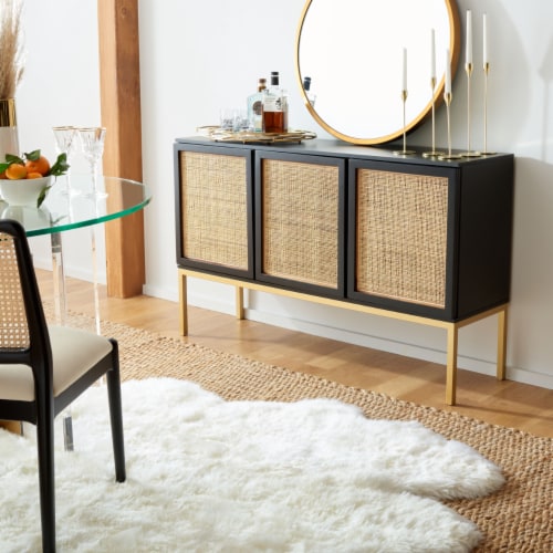 SAFAVIEH Zadie 2-Shelf Rattan Sideboard Black / Natural Perspective: back