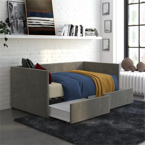 Pemberly Row Velvet Twin Daybed with Storage in Gray 1 Foods Co