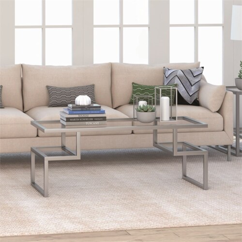 Pemberly Row Metal Satin Nickel and Gray Coffee Table with Glass Top Perspective: back