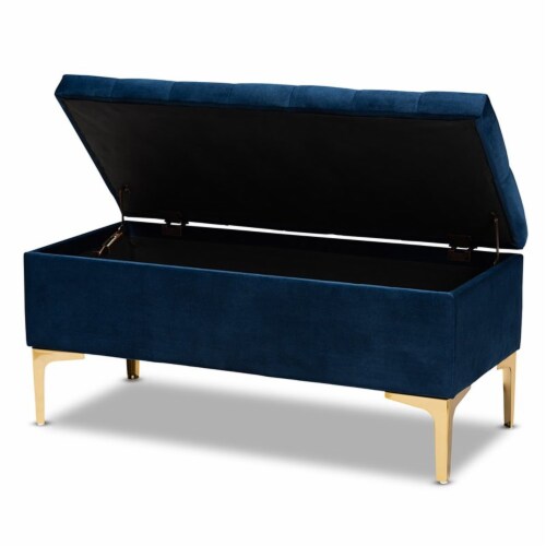 Bowery Hill Navy Blue Velvet Gold Button Tufted Storage Ottoman Perspective: back