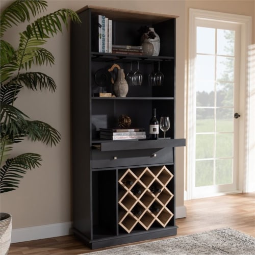 Bowery Hill Mid-Century Wood Wine Cabinet in Dark Grey and Oak Perspective: back