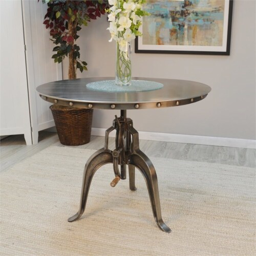 Bowery Hill Adjustable Crank Metal Accent Table in Antique Nickel