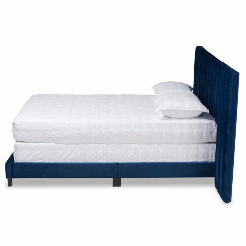 Bowery Hill Queen Size Navy Blue Velvet Panel Bed with Headboard Perspective: back