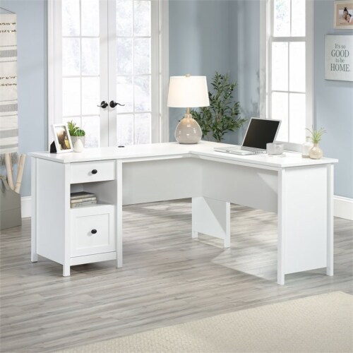 Pemberly Row Wood L Shaped Open Shelf Computer Desk in Soft White