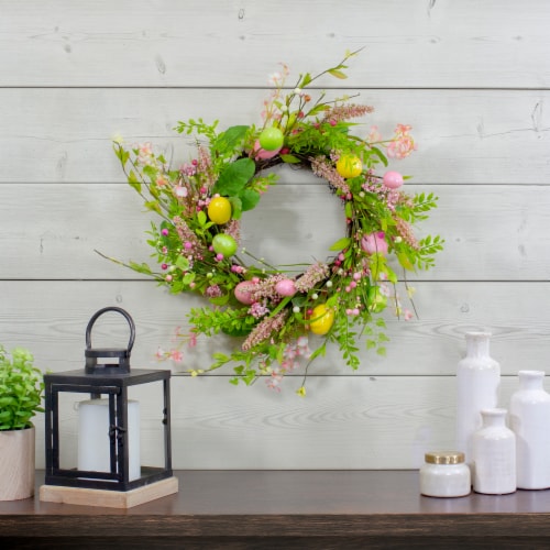 Northlight Easter Egg with Berry Floral Springtime Wreath, Pink and Green 20 Perspective: back