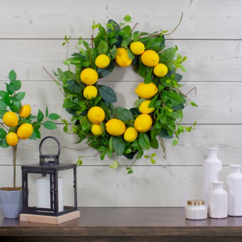 Northlight Lemons and Assorted Foliage Spring Wreath, Yellow and Green 20 Perspective: back