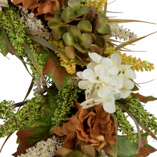 Northlight White and Orange Hydrangea Artificial Fall Harvest Twig Wreath, 28-Inch, Unlit Perspective: back