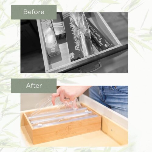 Wooden Foil and Plastic Wrap Dispenser With Cutter - 3 in 1 Organizer Perspective: back