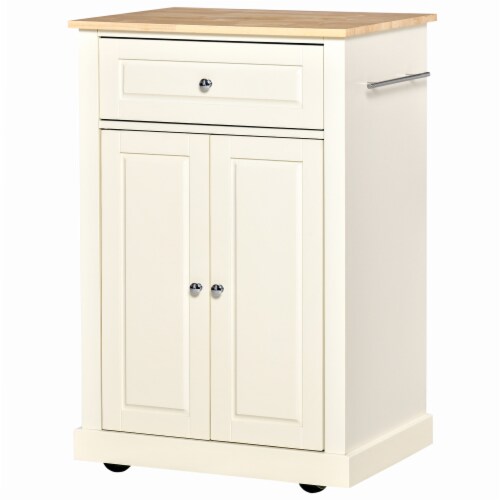Modern Rolling Kitchen Island Storage Cart w/ Drawer & Adjustable Shelf, White Perspective: back