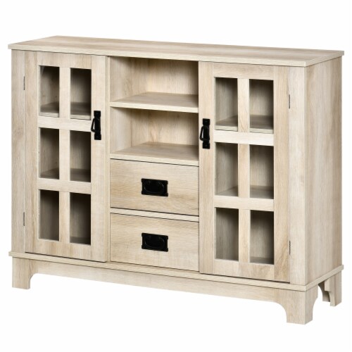 Modern Sideboard Storage Kitchen Cabinet Buffet Server w/ Glass Doors, White Oak Perspective: back