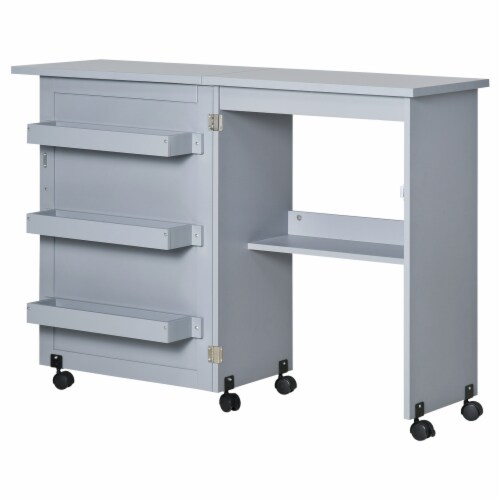 Folding Sewing Table Rolling Utility Work Station & Side Desk w/ Storage Bins Perspective: back