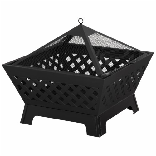 Outdoor Fire Pit Bonfire w/Spark Screen Lid & Poker Backyard Patio, Black Perspective: back