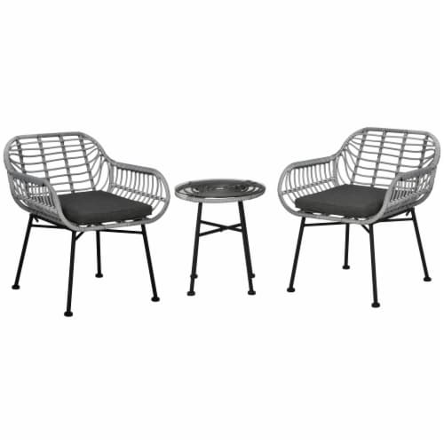 3-Piece Rattan Bistro Outdoor Table & Chairs Furniture Patio Set, Garden, Grey Perspective: back