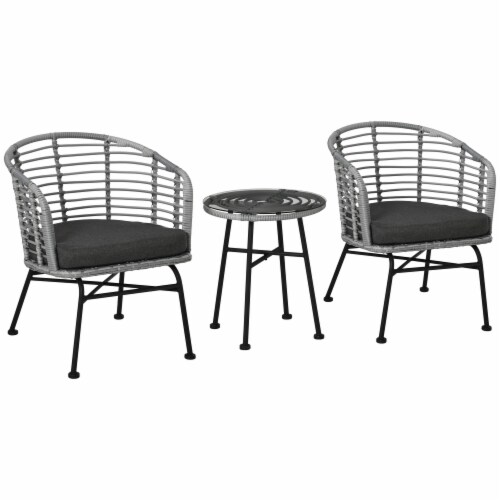 3-Piece Rattan Bistro Outdoor Table & Chairs Furniture Patio Set, Garden, Grey Perspective: back