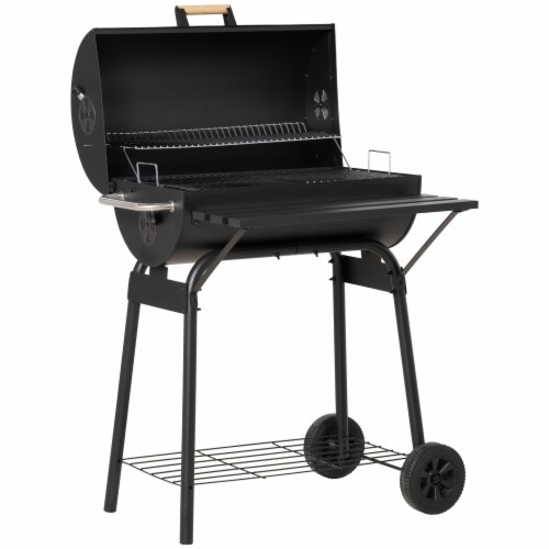30 Portable Charcoal BBQ Grill w/ Adjustable Charcoal Rack Storage Shelf Wheel Perspective: back