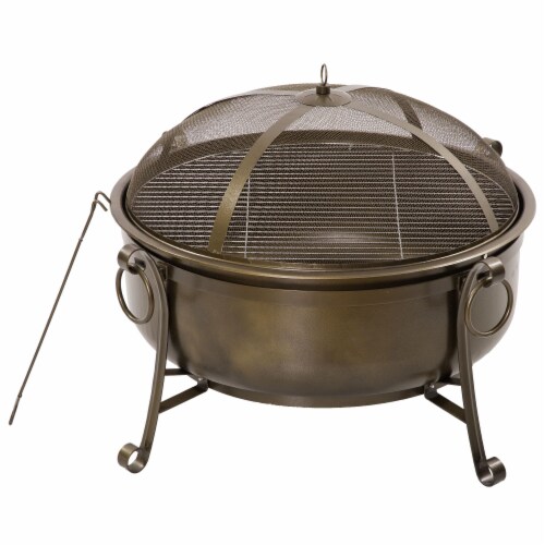 Steel Wood Burning Fire Pit Grill 37 , Poker, Lid, BBQ Cooking Grate, Camping Perspective: back