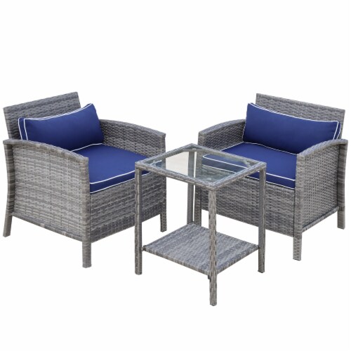 3pc Patio Bistro Set Rattan Wicker Furniture, 2 Armchairs, Table, Shelf, Blue Perspective: back