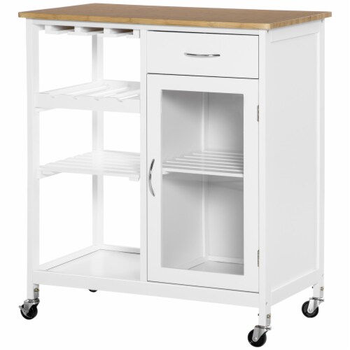 Utility Kitchen Cart Rolling Kitchen Island Storage Trolley w/ Wine Rack, White Perspective: back