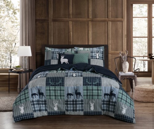 Coleman Patchwork Reindeer Plaid Comforter Set - Green Perspective: back