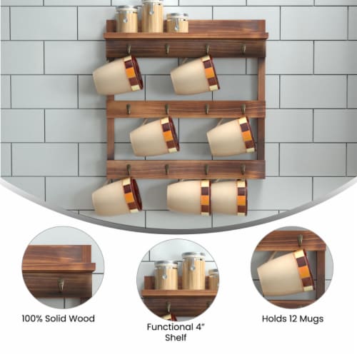 Campbell Wooden Wall Mount 12 Cup Mug Rack Organizer with Upper Storage Shelf and Metal Ha Perspective: back