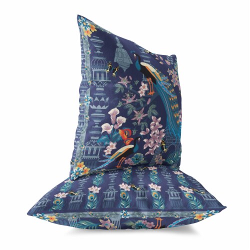 Peacock Paradise Indoor/Outdoor Pillow in Indigo 16x16 Perspective: back