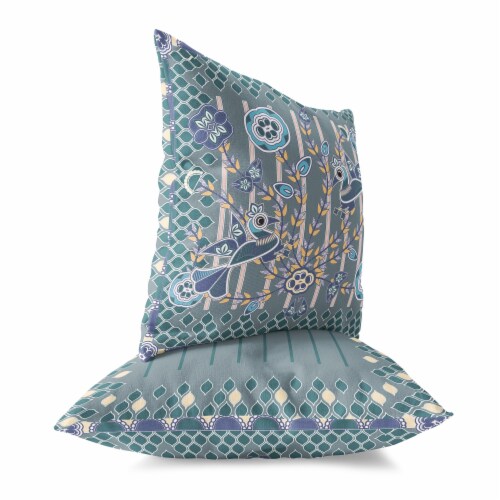 Aquatic Peacock Indoor/Outdoor Pillow in Gray 20x20 Perspective: back