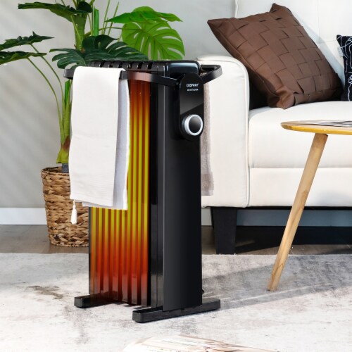 Costway 1500W Electric Space Heater Oil Filled Radiator Heater W/ Foldable Rack Black Perspective: back