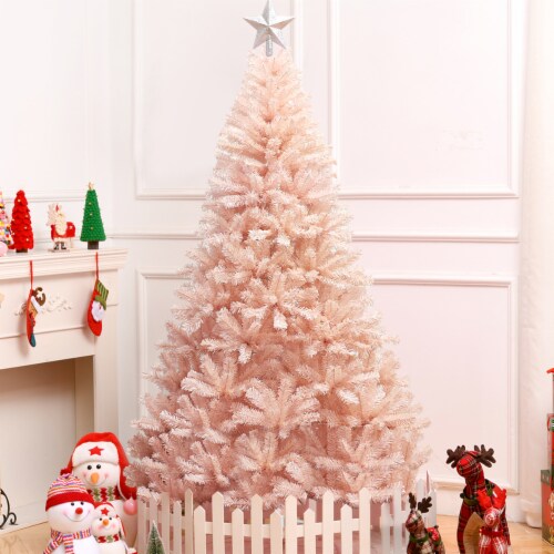 Costway 7ft Pink Artificial Christmas Tree Hinged Full Fir Tree Metal Stand Perspective: back