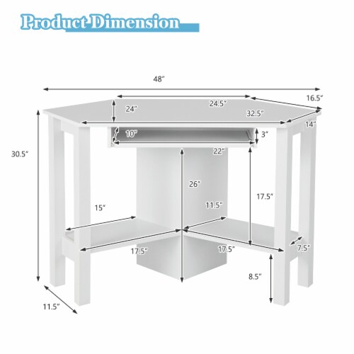 Costway Wooden Corner Desk With Drawer Computer PC Table Study Office Room White Perspective: back