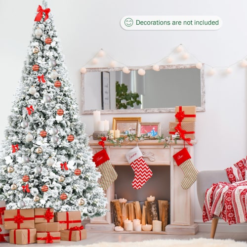 Costway 8ft Snow Flocked Hinged Christmas Tree w/ Berries & Poinsettia Flowers Perspective: back
