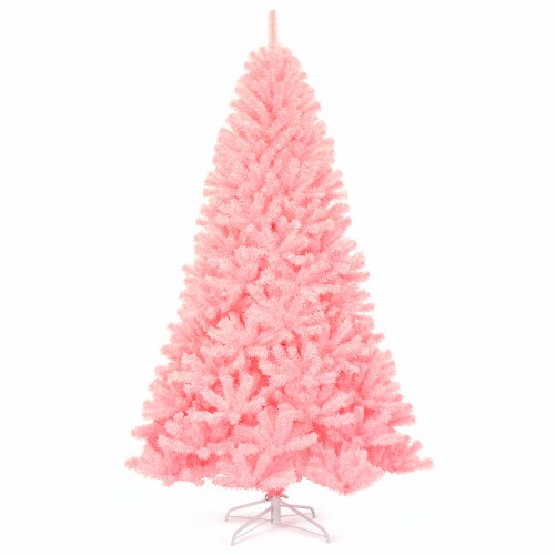 Costway 7.5Ft Hinged Artificial Christmas Tree Full Fir Tree New PVC w/ Metal Stand Pink Perspective: back