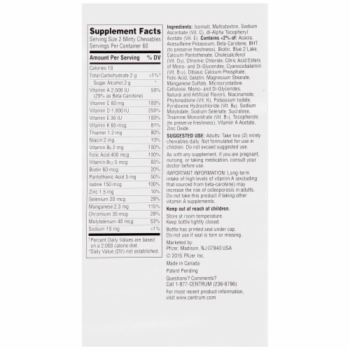 Centrum® VitaMints® Multivitamin/Multimineral Supplement in Cool Mint Flavor 120 ct Box Perspective: back