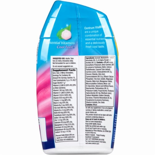 Centrum® VitaMints® Multivitamin/Multimineral Supplement in Raspberry Flavor 120 ct Bottle Perspective: back