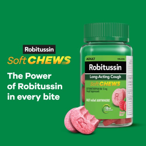 Robitussin Soft Chews, Long-Acting Cough Relief, Dextromethorphan, Berry Flavor Chewable Tablets Perspective: back