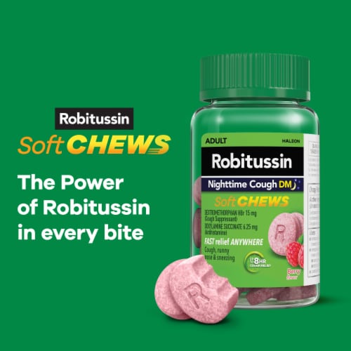 Robitussin Soft Chews, DM Nighttime Cough Relief, Dextromethorphan, Berry Flavor Chewable Tablets Perspective: back
